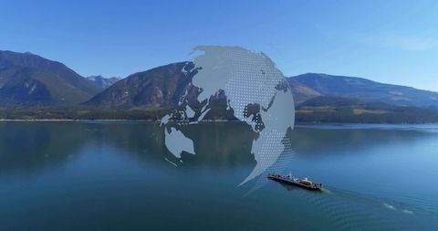 Stylized globe overlaying alpine lake with cargo vessel highlighting global logistics, transport