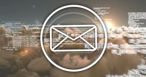 Envelope Icon Floating Over Cloudscape with Code and Sun Glow Representing Email Computing