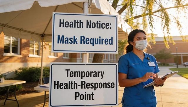Nurse standing at mask required health-response point holding clipboard outside campus tent