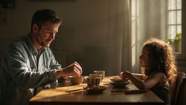 Father and daughter sharing quiet morning breakfast by sunlit window