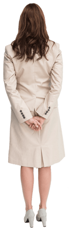 Rear view businesswoman in beige suit on transparent background