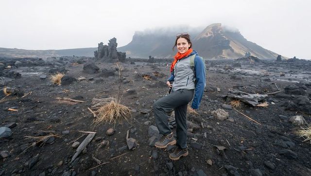 Female hiker exploring volcanic lava field wearing backpack and red scarf, remote terrain