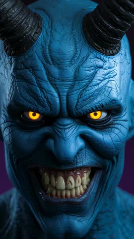 Emerging blue demon with glowing eyes and jagged teeth snarling in vertical horror video