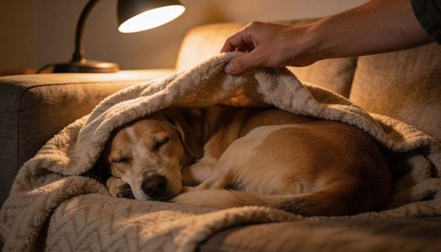 Sleeping tan and white dog wrapped in fleece blanket on cozy sofa under warm lamp