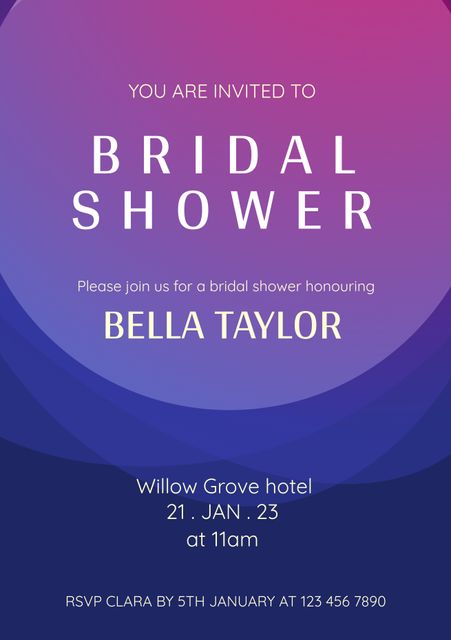 This bridal shower invitation features an elegant gradient background in shades of purple and blue. The sophisticated design makes it perfect for inviting guests to a special bridal celebration. This template can be customized for other events such as baby showers, birthday parties, or anniversary celebrations. Ideal for both online and printed invitations, adding a touch of formal elegance to your event planning.