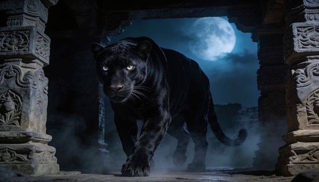 Moonlit black panther prowling through carved pillars of ancient ruins