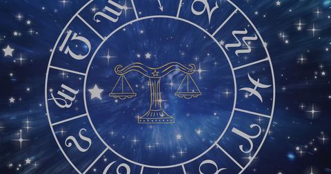 Libra Symbol Centered within Spinning Zodiac Wheel and Glowing Stars