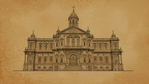 Neoclassical cathedral facade on vintage parchment