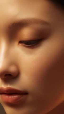 Vertical Closeup of Asian Woman Blinking and Tilting Head with Eyeliner in Warm Studio Light