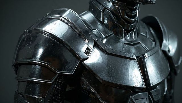 Revealing futuristic scratched chrome armor torso close-up showing bolts and tubing