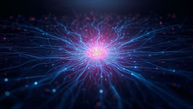 Radiant neural network core emitting neon blue filaments and magenta data particles