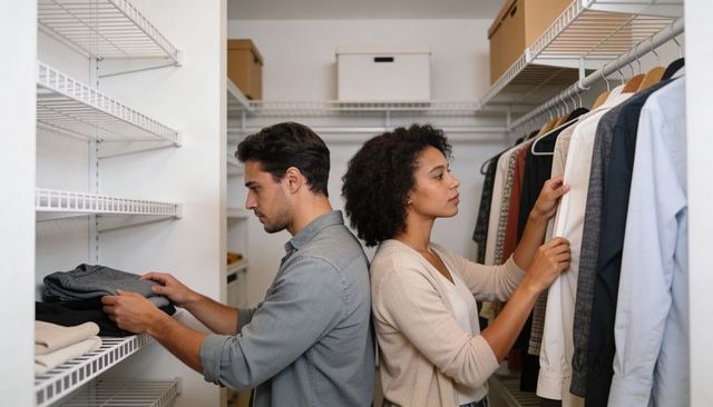 Couple organizing walk-in closet back-to-back sorting clothes and arranging shelves