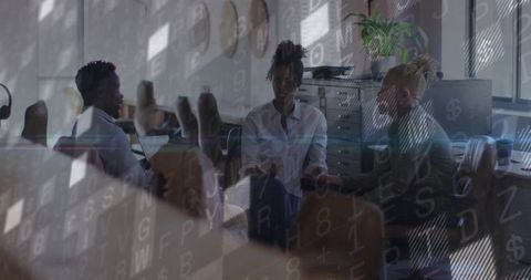 Diverse team collaborating around table with digital data overlay for finance and analytics