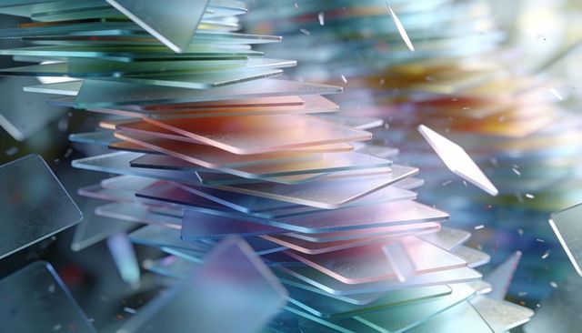 Floating stacked glass squares with pastel gradient, refraction glow and futuristic bokeh