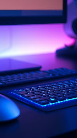 Vertical video showing RGB-backlit gaming keyboard and mouse glowing in purple-pink LED light