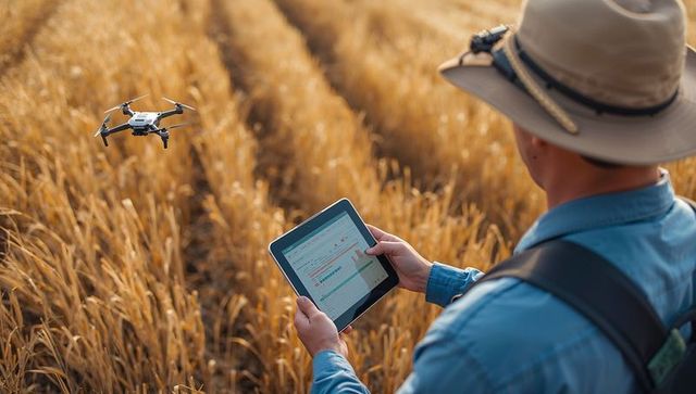 Farm researcher controlling drone over wheat field