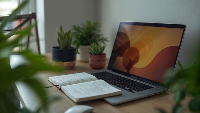 Cozy Home Office Desk with Open Laptop, Notebook and Succulents in Natural Light
