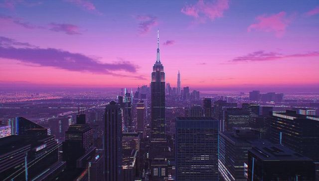 Empire state building illuminating purple twilight cityscape