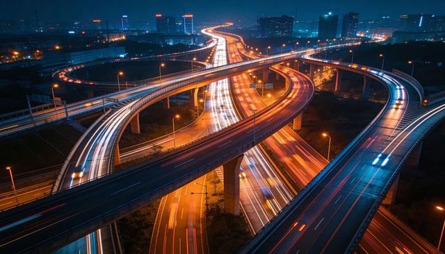 Curving elevated highway glowing with neon light trails at night, urban traffic motion