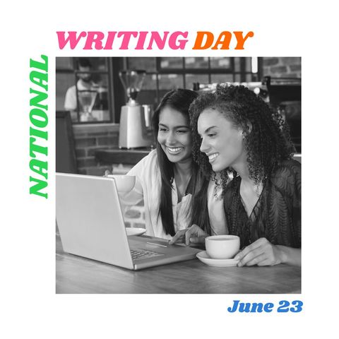Celebrating National Writing Day, Two Women Enjoying Coffee and Laptop - Download Free Stock Templates Pikwizard.com