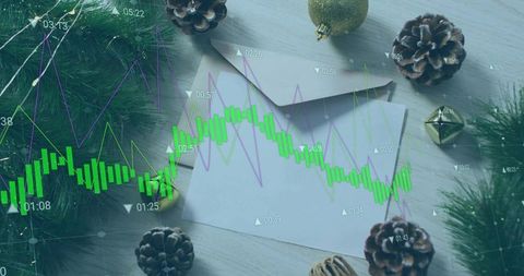 Holiday finance concept blending blank greeting card, pine decor and stock market charts