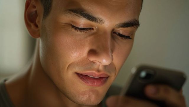 Young man checking smartphone with warm screen glow closeup portrait casual mood intimate