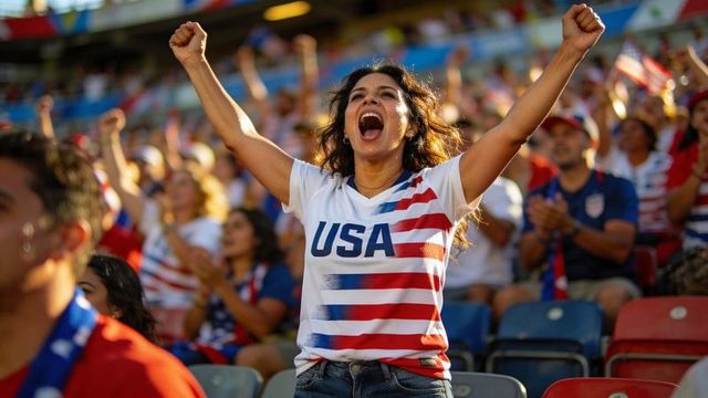 Ecstatic usa fan wearing jersey and jeans cheering with arms raised in sunny stadium crowd