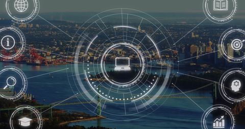 Global technology communication amidst urban cityscape