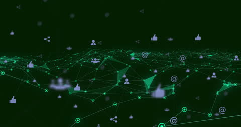 Animated Media Icons in Futuristic Digital Network Concept