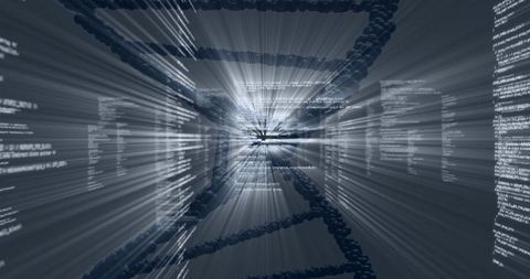 Digital DNA Helix Traveling Through Data Tunnel with Floating Code Columns and Light Rays