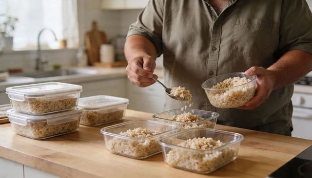 Man meal prepping brown rice into glass containers on wooden countertop with natural light