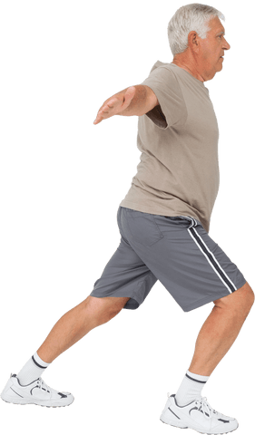 Senior Man Stretching Arms in Athletic Pose on Transparent Background