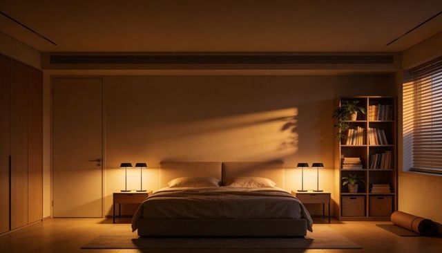 Sunlit Minimalist Bedroom Featuring Upholstered Platform Bed and Warm Ambient Lighting
