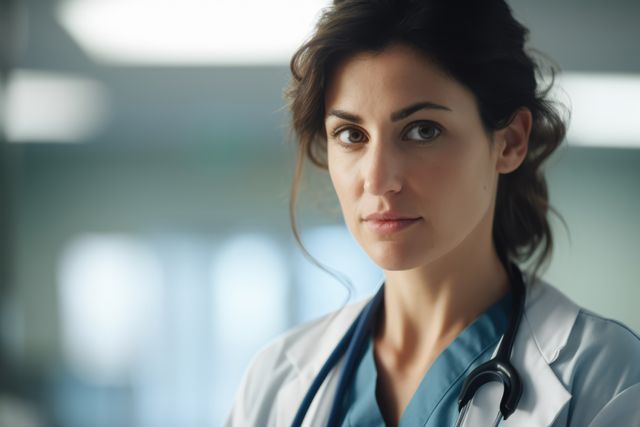 Confident female doctor wearing a medical uniform and stethoscope focuses on the camera in a healthcare environment. Ideal for medical websites, healthcare industry promotions, health and wellness articles, and medical staff training materials.