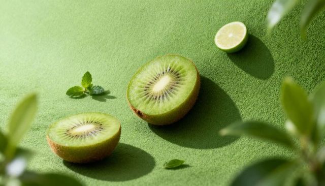 Fresh halved kiwi and lime on green textured surface with mint leaves, closeup, bright