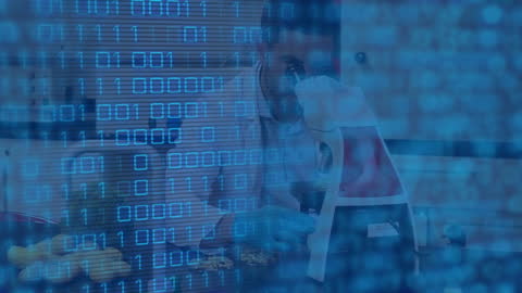 Scientist Analyzing Data Through Microscope in Tech Lab