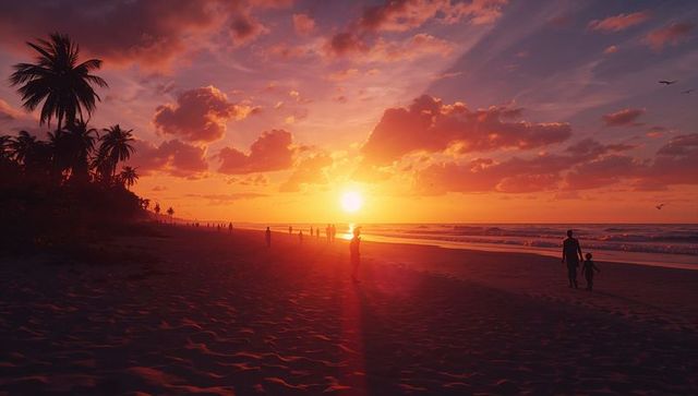 Golden sunset silhouette of parent and child walking hand in hand on tropical beach