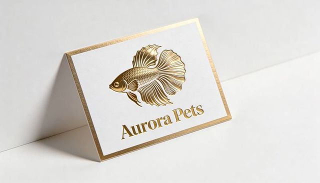 Gold foil betta fish logo on folded white business card for luxury pet branding