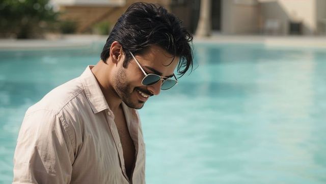 Smiling indian man relaxing poolside wearing mirrored aviators and beige linen shirt