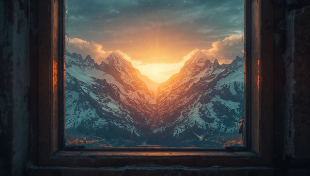 Majestic mountain range through rustic window at sunset