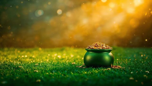Shimmering pot of gold overflowing with coins on sunlit emerald grass with golden bokeh