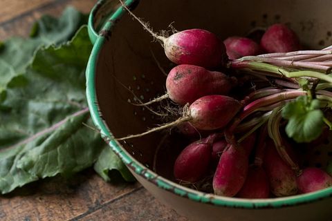 Rustic colander holding freshly harvested radishes with leafy greens on wooden table