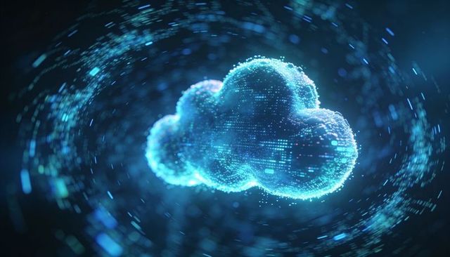 Glowing digital cloud visualizing data flow and secure cloud computing network neon teal