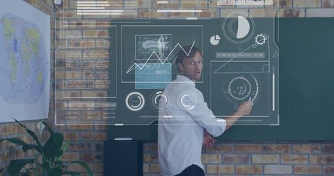 Teacher using augmented reality for data analysis on blackboard