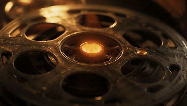 Vintage film reel with warm amber glow in dim editing room