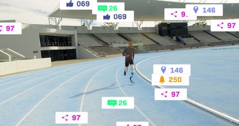 Athlete with Prosthetic Leg Running Amid Virtual Notifications