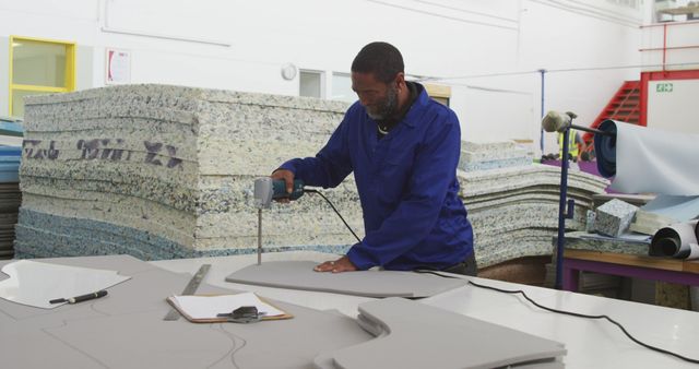 Factory worker using cutting tool on foam material - Download Free Stock Images Pikwizard.com