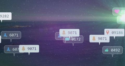 Floating social media notification bubbles over night ocean with aurora and data overlays