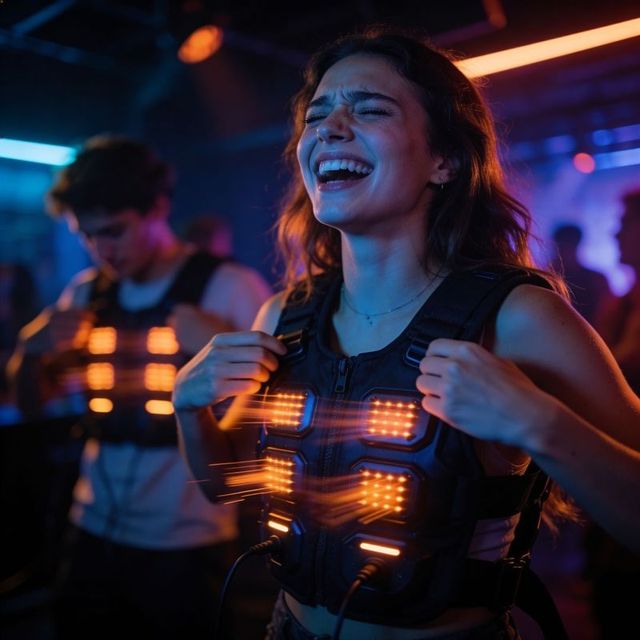 Young woman cheering wearing led game vest in neon arcade party