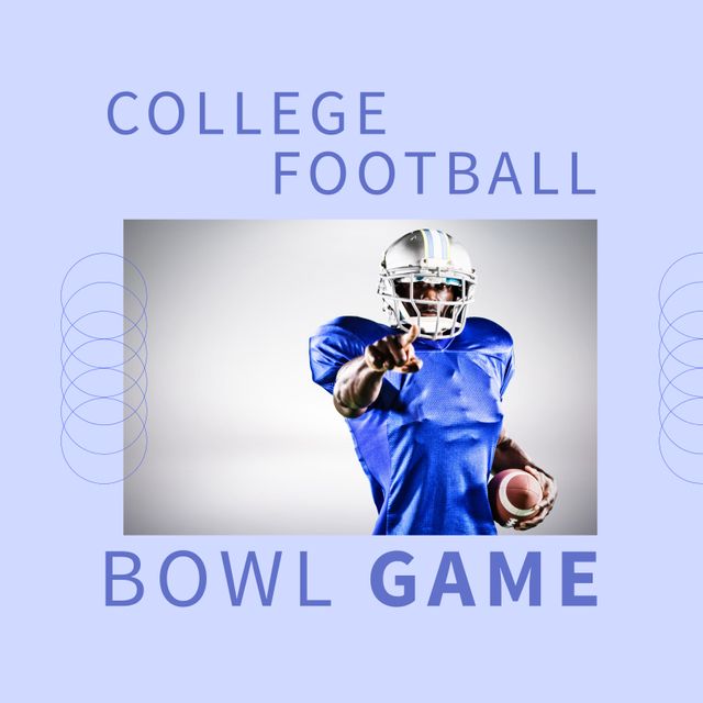 Perfect for promoting college football bowl games and events. Shows a biracial male football player in action holding a football while wearing a helmet, emphasizing sportsmanship and athleticism. Ideal for digital marketing, social media posts, and event advertisements.